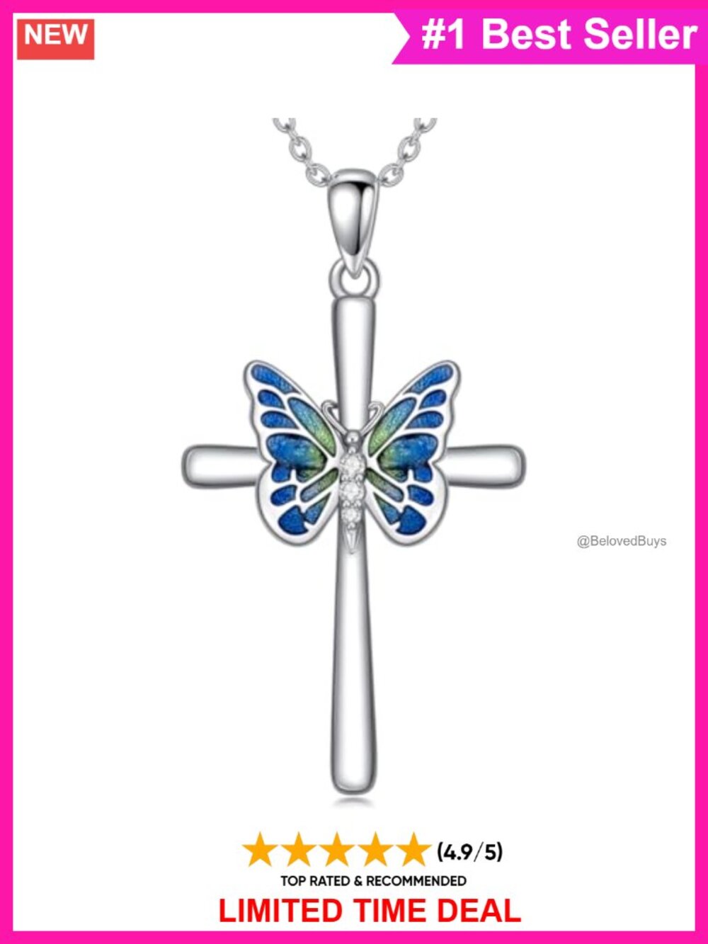 Sterling Silver Butterfly Cross Pendant Necklace Lab Grown Diamond 18+2 Inch
